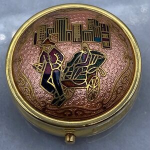 Handheld Ashtray Gold Toned Cloisonne Rickshaw Cityscape‎ Miniature Portable